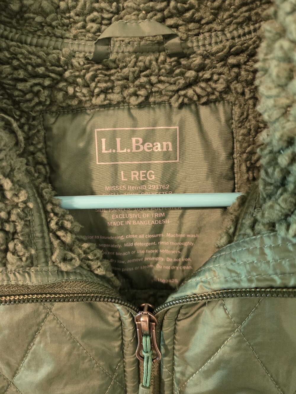 L.L.Bean Women's Large Quilted Sweater Fleece Vest Green Full Zip Sherpa Lined - Picture 4 of 5